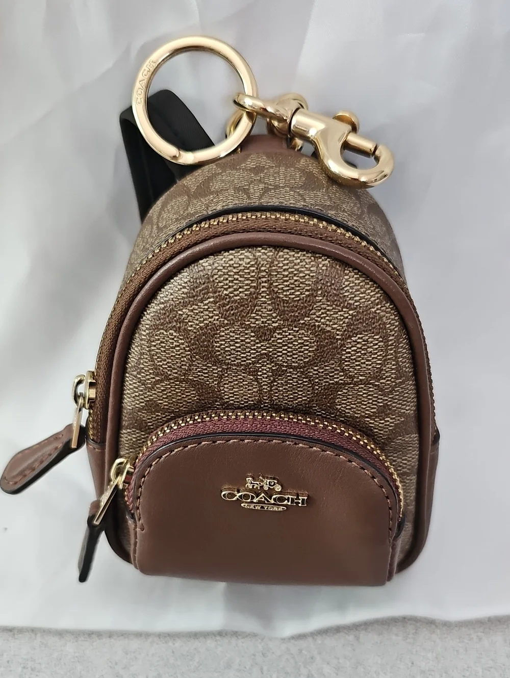 COACH Brown Signature Mini Backpack Keychain Pouch with Gold Hardware